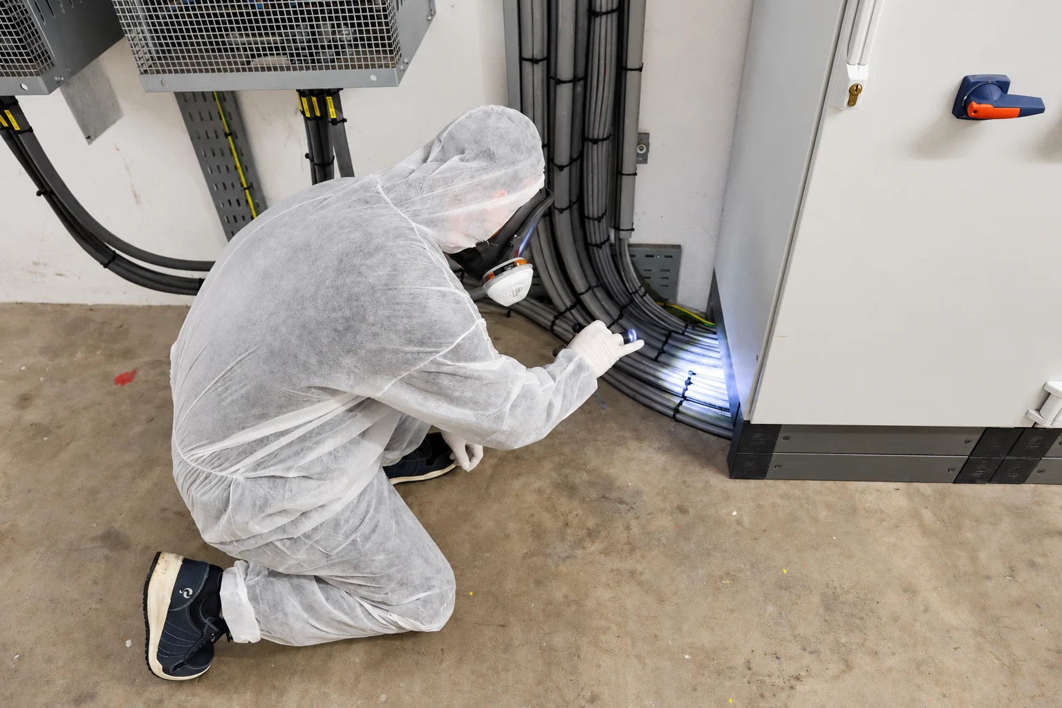 Q-Works inspecteert kabels en aansluitingen in een technische ruimte met een zaklamp