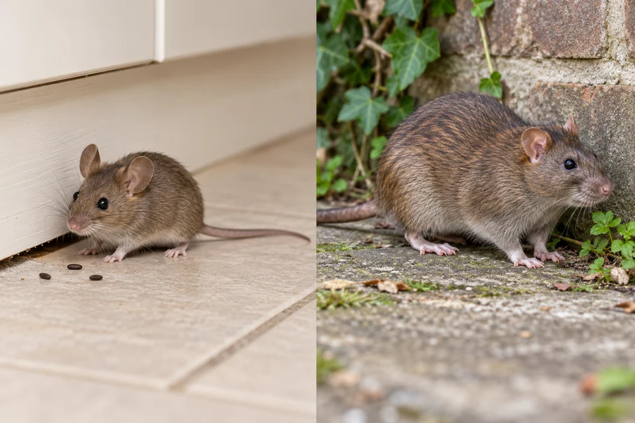 Muis binnen en bruine rat buiten