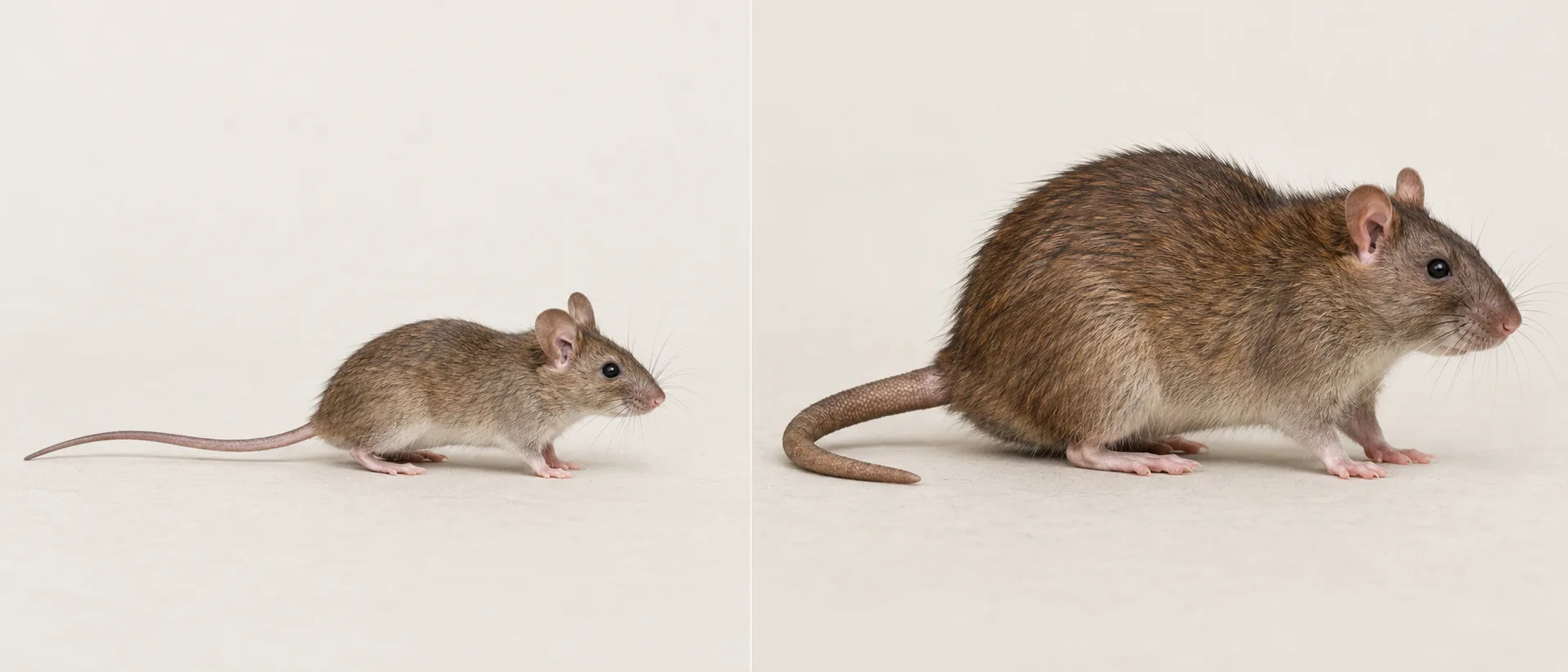 huismuis links en bruine rat rechts. Geen determinatiefoto; jonge dieren kunnen afwijken.